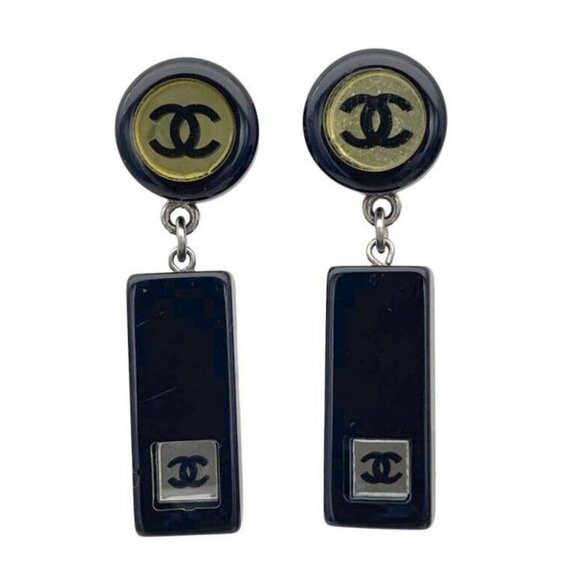 CHANEL CC Logos Black Round Bar Dangle Stud Earrings Silver Tone 01P Auth D-T104 - Picture 1 of 5